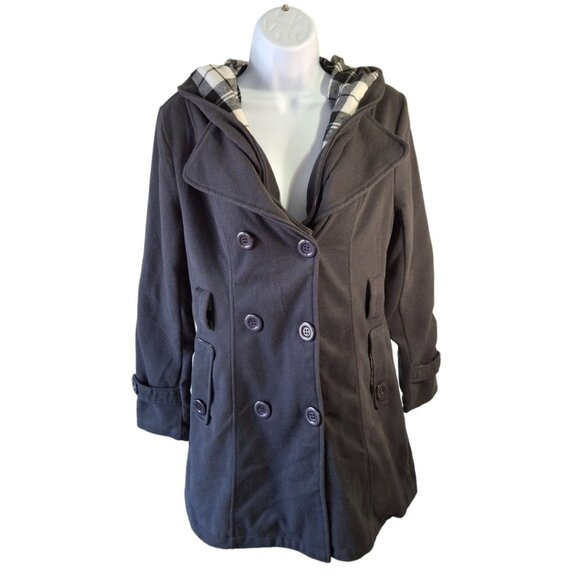 CS Women’s Hooded Peacoat Jacket L Gray Plaid Double Breasted Classic Preppy - Picture 1 of 8